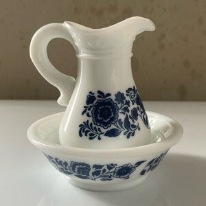 Vintage Avon White Milk Glass Pitcher & Bowl with Blue Floral Pattern